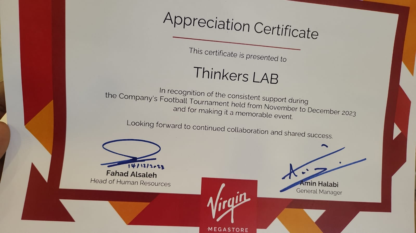 Appreciation Certificate from Virgin Megastore to Thinkers LAB